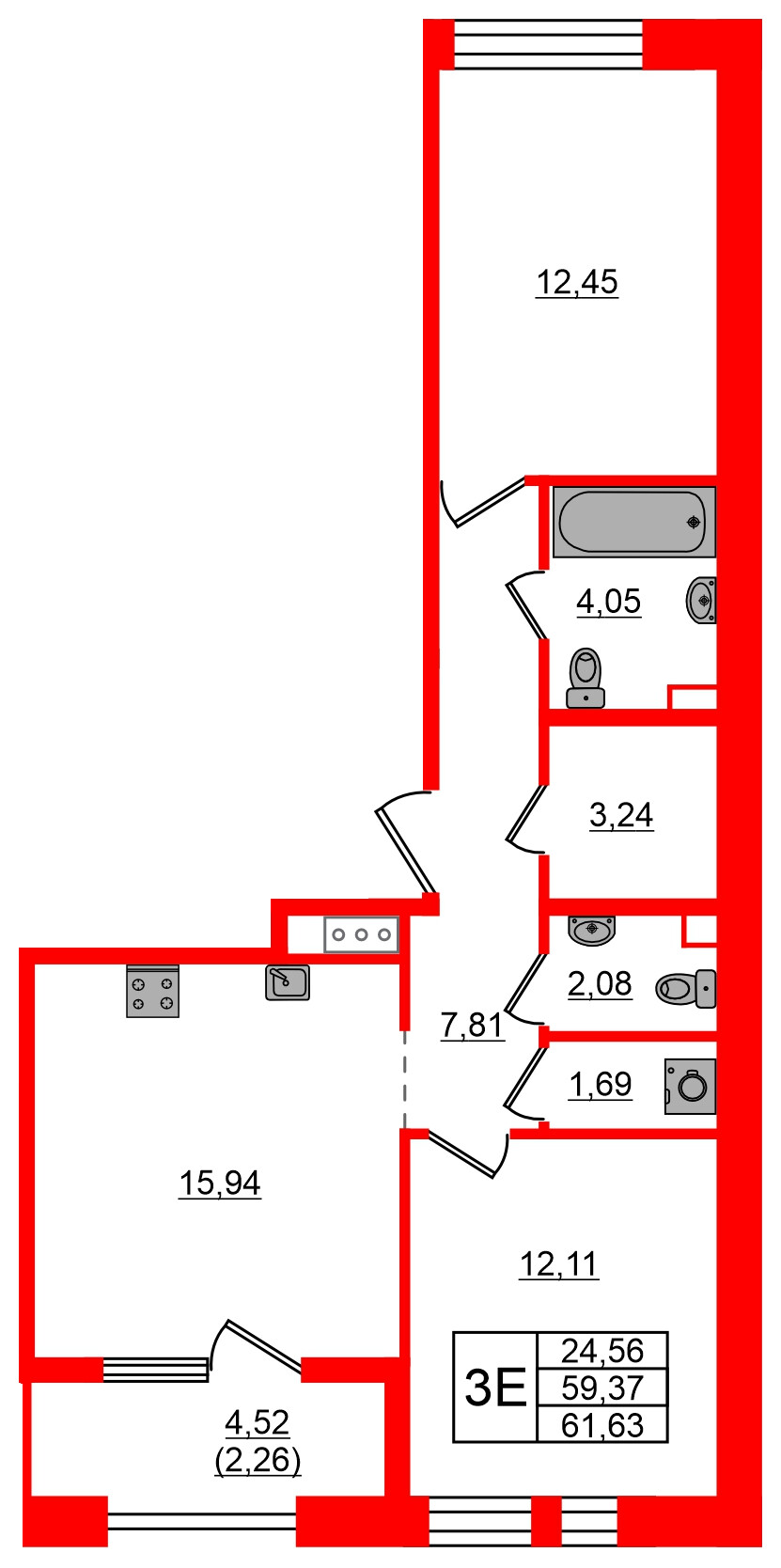 Квартира в ЖК Знатный, 2 комнатная, 61.63 м², 3 этаж