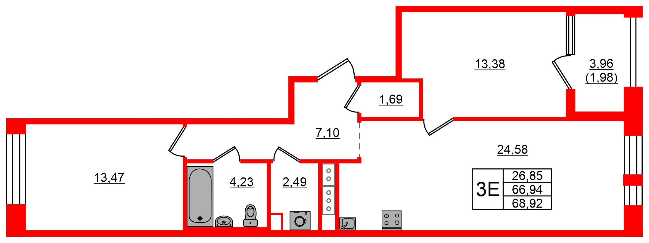 Квартира в ЖК Знатный, 2 комнатная, 68.92 м², 7 этаж