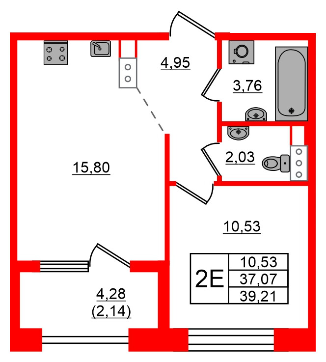 Квартира в ЖК Знатный, 1 комнатная, 39.21 м², 10 этаж