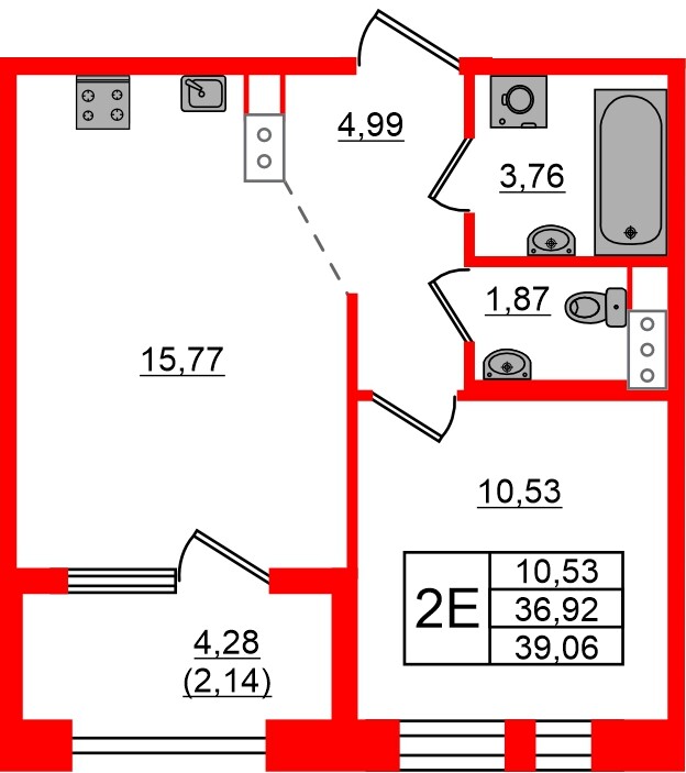 Квартира в ЖК Знатный, 1 комнатная, 39.06 м², 12 этаж