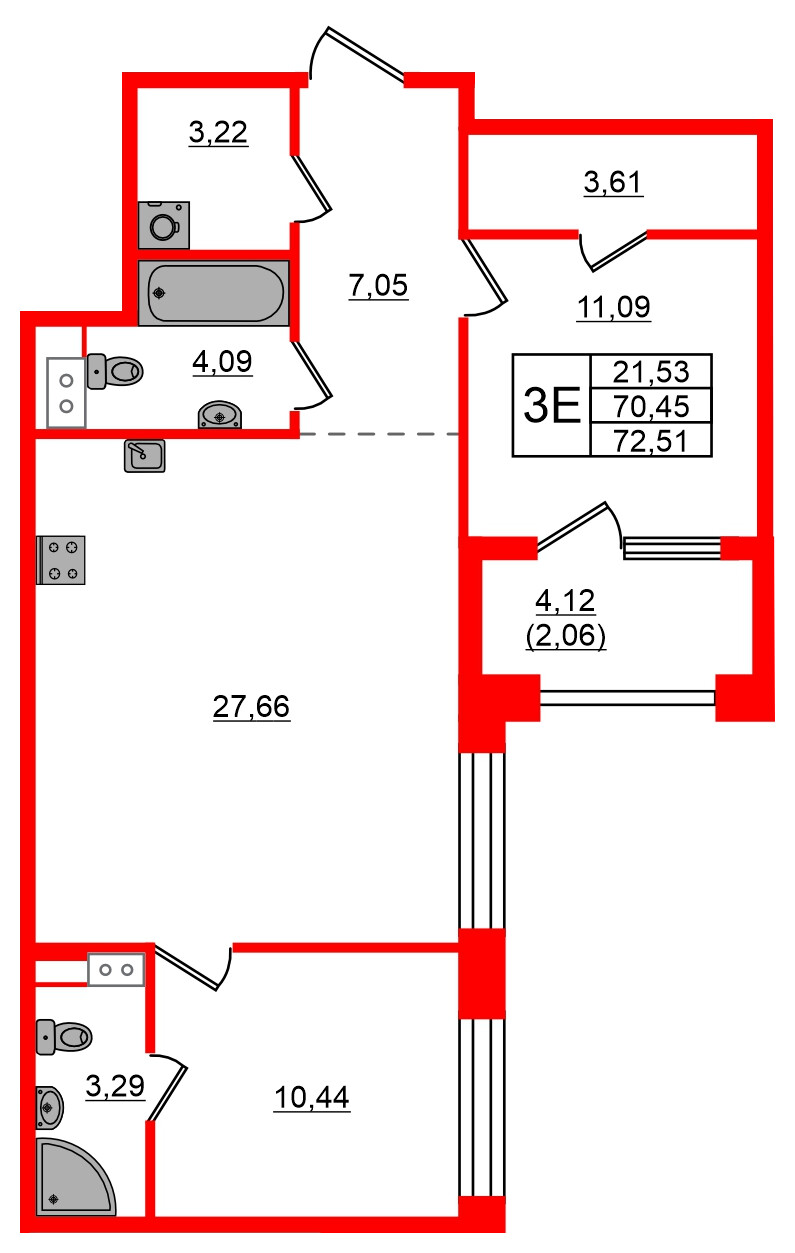 Квартира в ЖК Знатный, 2 комнатная, 72.51 м², 6 этаж