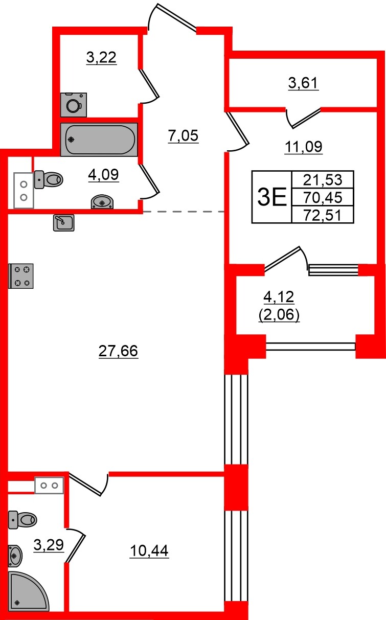 Квартира в ЖК Знатный, 2 комнатная, 72.51 м², 7 этаж