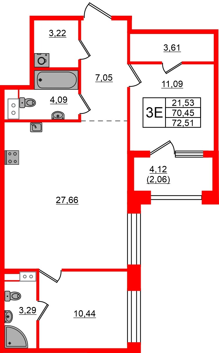 Квартира в ЖК Знатный, 2 комнатная, 72.51 м², 9 этаж