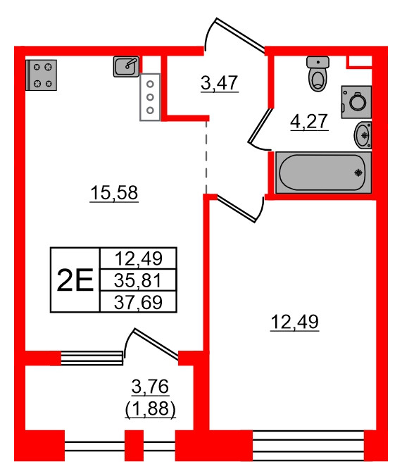 Квартира в ЖК Знатный, 1 комнатная, 37.69 м², 6 этаж