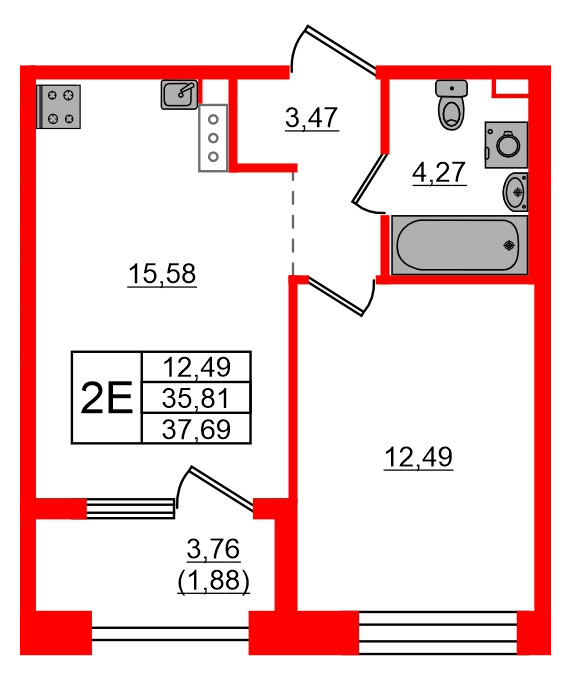 Квартира в ЖК Знатный, 1 комнатная, 37.69 м², 8 этаж