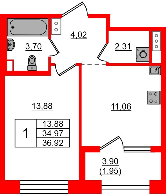 Квартира в ЖК Знатный, 1 комнатная, 36.92 м², 10 этаж