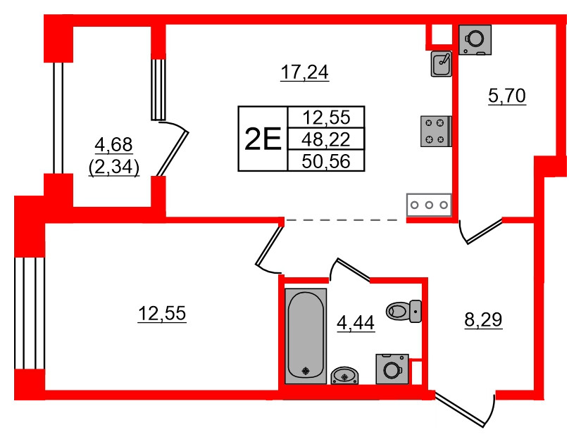 Квартира в ЖК Знатный, 1 комнатная, 50.56 м², 8 этаж