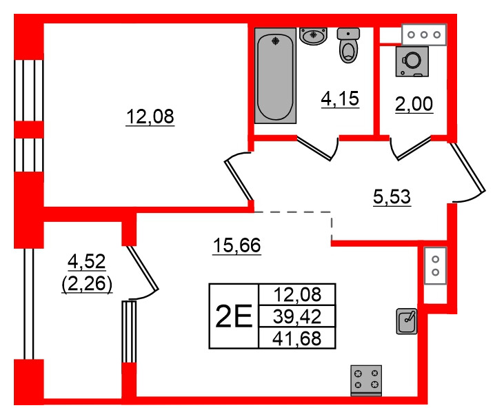 Квартира в ЖК Знатный, 1 комнатная, 41.68 м², 5 этаж
