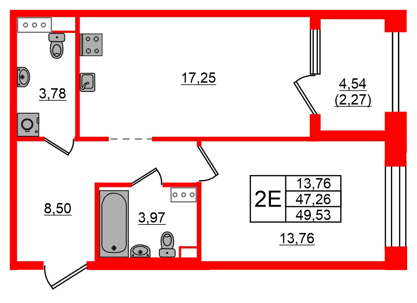 Квартира в ЖК Знатный, 1 комнатная, 49.53 м², 5 этаж