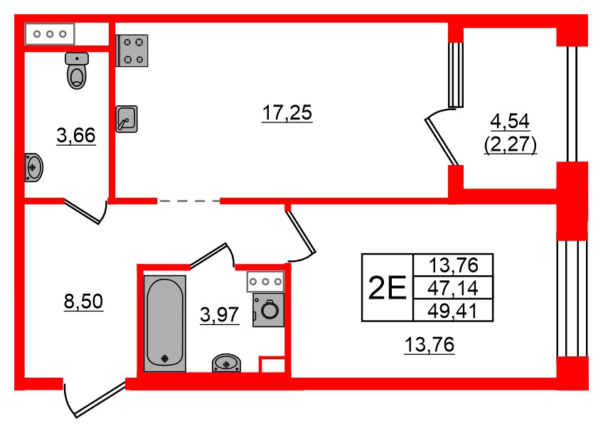 Квартира в ЖК Знатный, 1 комнатная, 49.41 м², 12 этаж