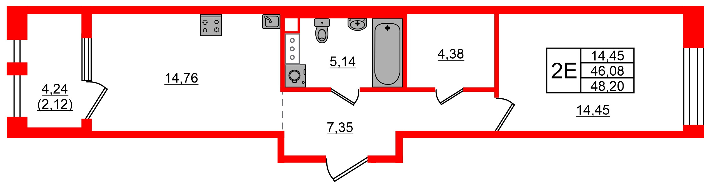 Квартира в ЖК Знатный, 1 комнатная, 48.2 м², 4 этаж
