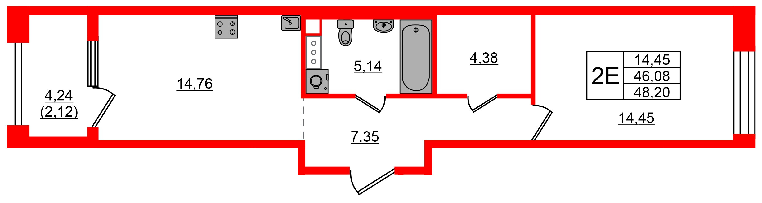 Квартира в ЖК Знатный, 1 комнатная, 48.2 м², 9 этаж