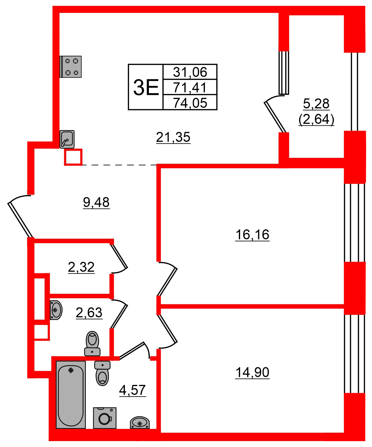 Квартира в ЖК Знатный, 2 комнатная, 74.05 м², 2 этаж