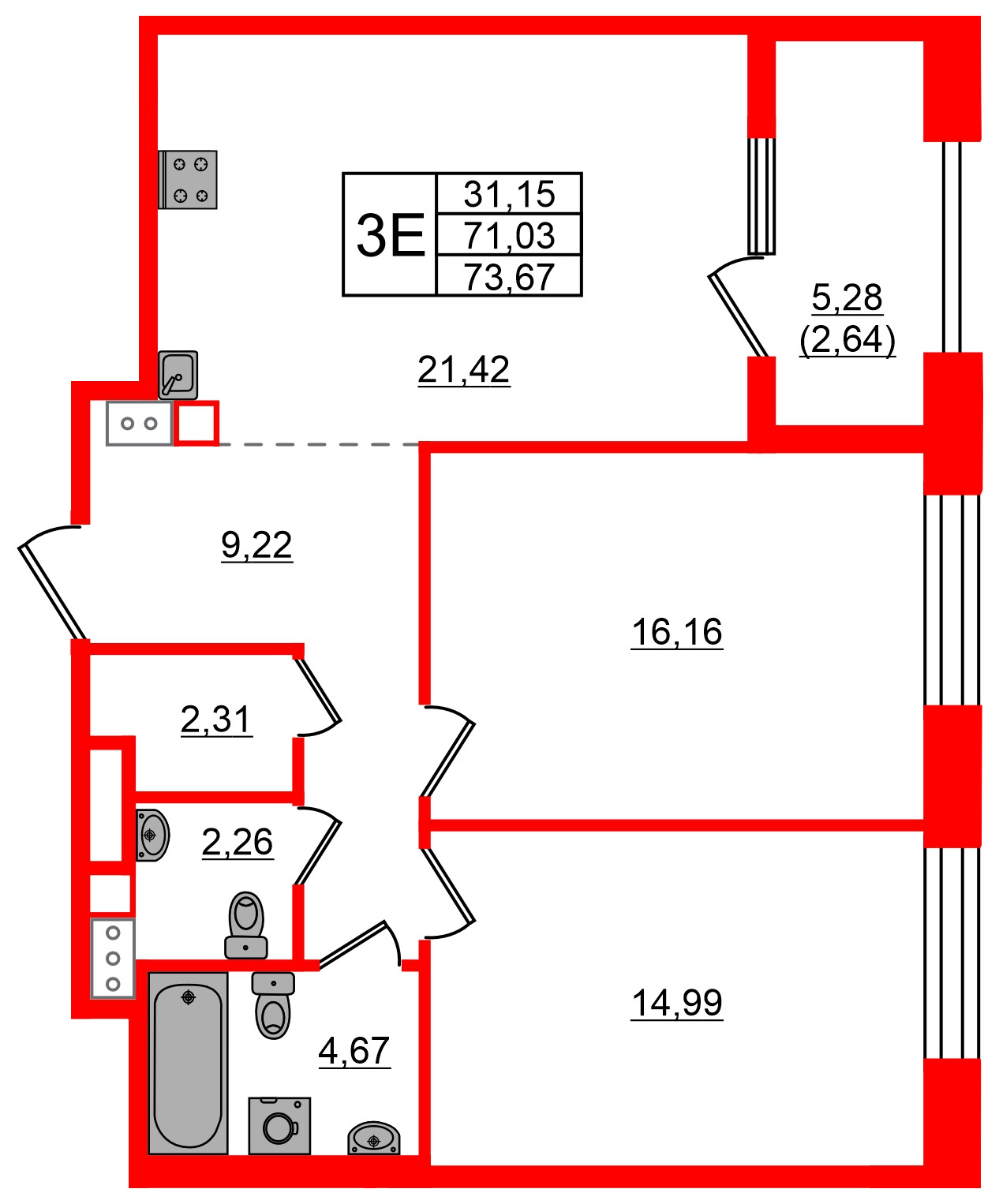 Квартира в ЖК Знатный, 2 комнатная, 73.67 м², 7 этаж