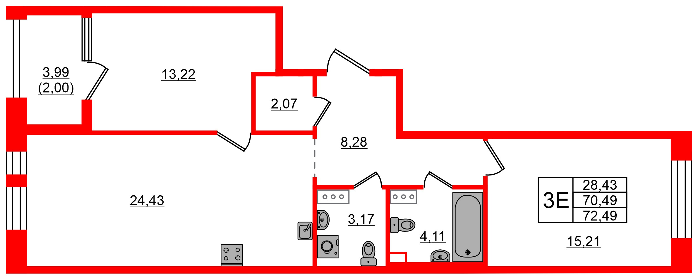 Квартира в ЖК Знатный, 2 комнатная, 72.49 м², 5 этаж