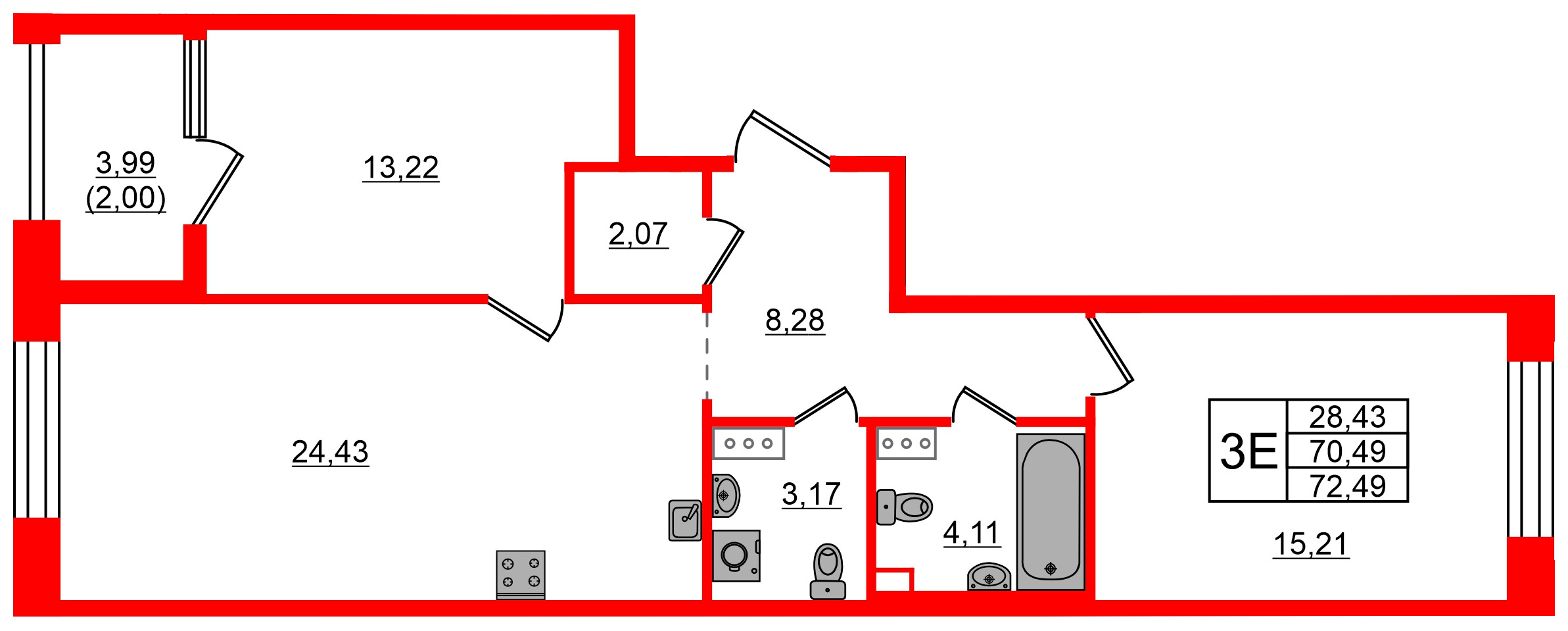 Квартира в ЖК Знатный, 2 комнатная, 72.49 м², 8 этаж