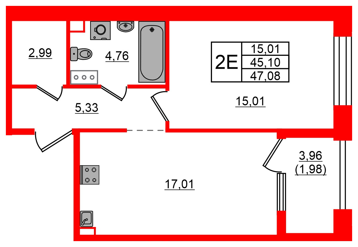Квартира в ЖК Знатный, 1 комнатная, 47.08 м², 10 этаж