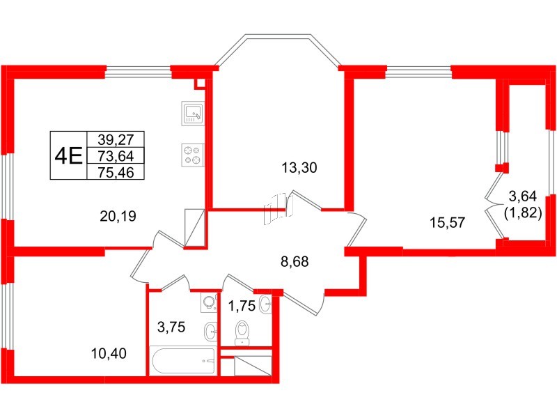 Квартира в ЖК Цивилизация на Неве, 3 комнатная, 75.46 м², 6 этаж