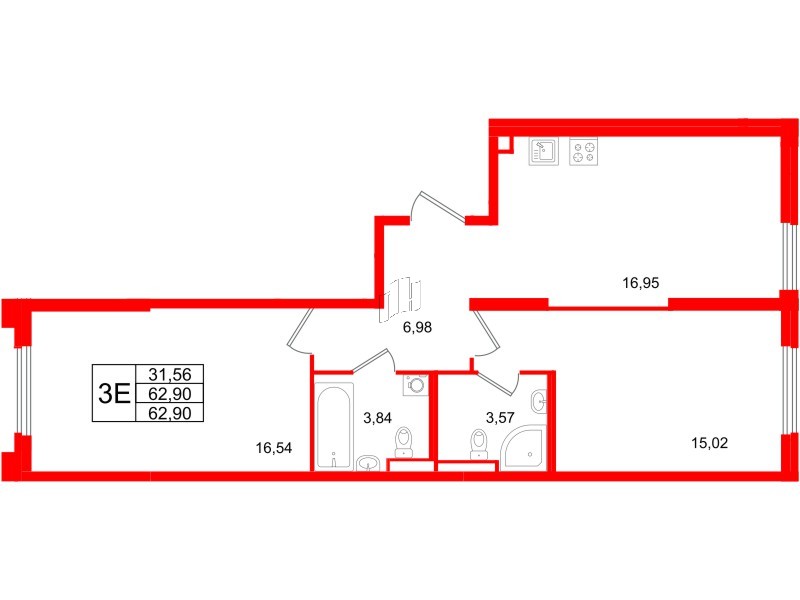 Квартира в ЖК Цивилизация на Неве, 2 комнатная, 62.9 м², 2 этаж