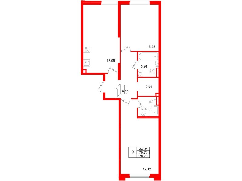 Квартира в ЖК Цивилизация на Неве, 2 комнатная, 70.7 м², 2 этаж
