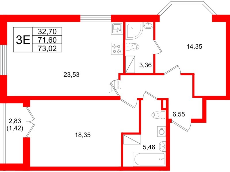 Квартира в ЖК Цивилизация на Неве, 2 комнатная, 73.02 м², 8 этаж