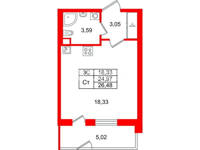 Квартира в ЖК «Парадный ансамбль», студия, 24.97 м², 1 этаж