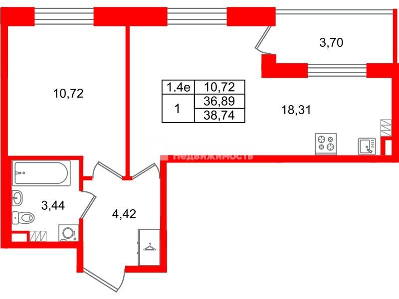 Квартира в ЖК «Парадный ансамбль», 1 комнатная, 36.89 м², 5 этаж