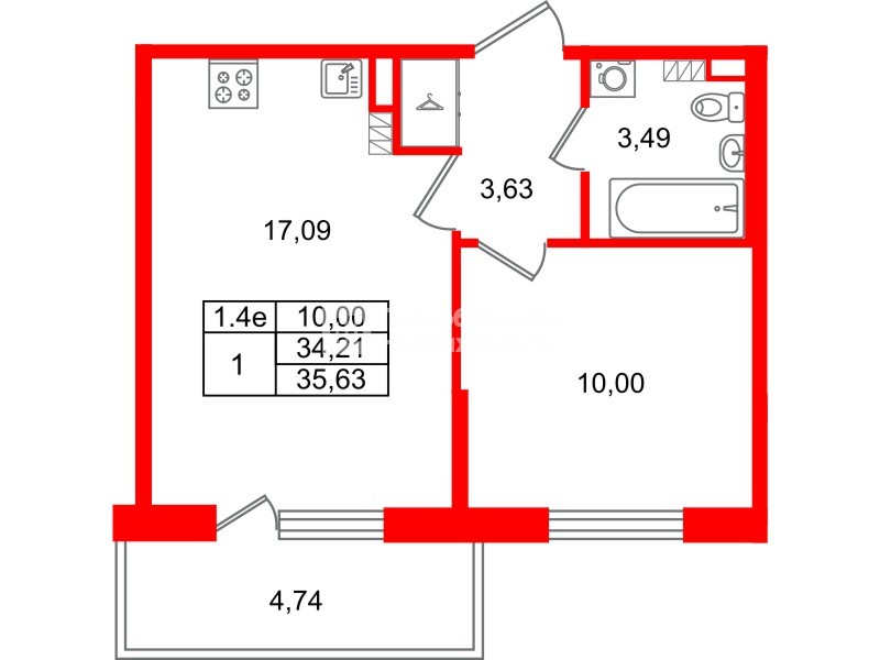 Квартира в ЖК «Парадный ансамбль», 1 комнатная, 34.21 м², 5 этаж