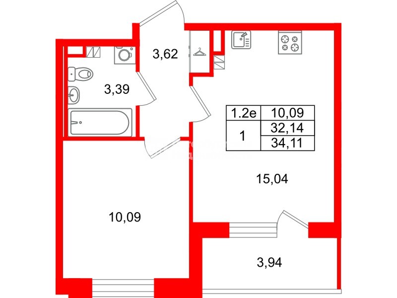 Квартира в ЖК «Парадный ансамбль», 1 комнатная, 32.14 м², 4 этаж