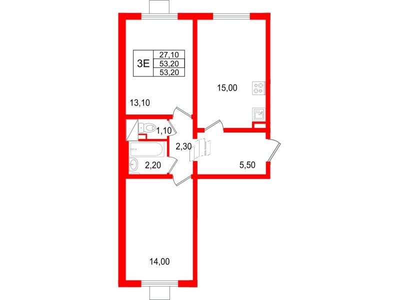 Квартира в ЖК 'Цветной город', 2 комнатная, 53.2 м², 3 этаж