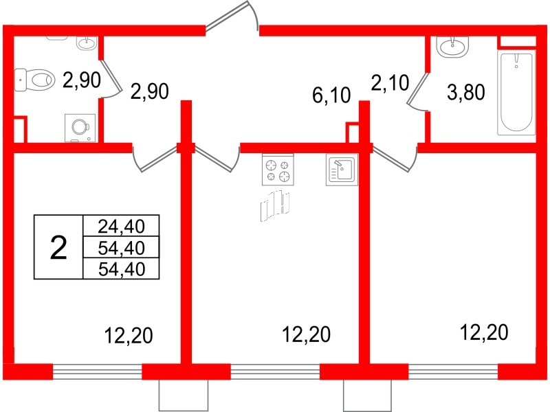 Квартира в ЖК 'Цветной город', 2 комнатная, 54.4 м², 2 этаж