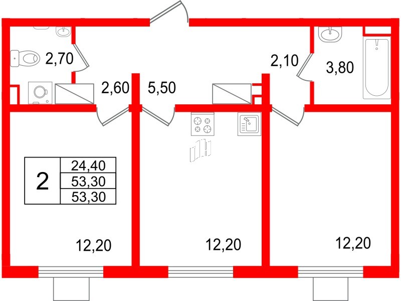 Квартира в ЖК 'Цветной город', 2 комнатная, 53.3 м², 4 этаж