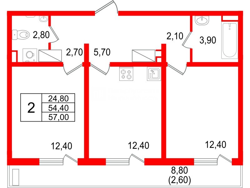 Квартира в ЖК 'Цветной город', 2 комнатная, 57 м², 20 этаж