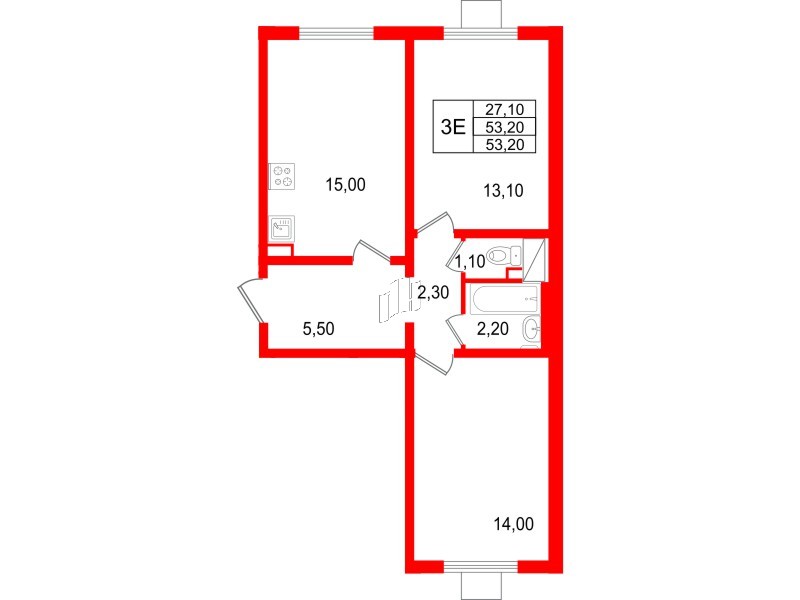 Квартира в ЖК 'Цветной город', 2 комнатная, 53.2 м², 4 этаж