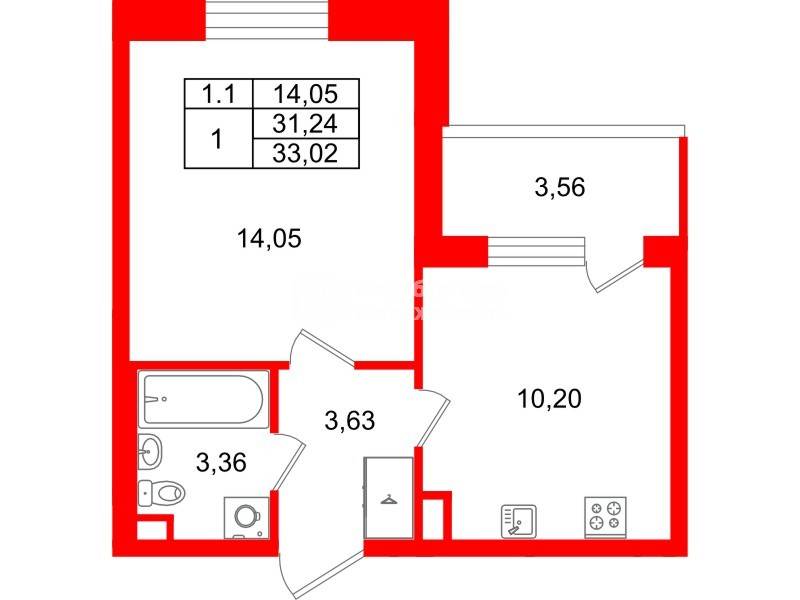 Квартира в ЖК «Парадный ансамбль», 1 комнатная, 31.24 м², 2 этаж