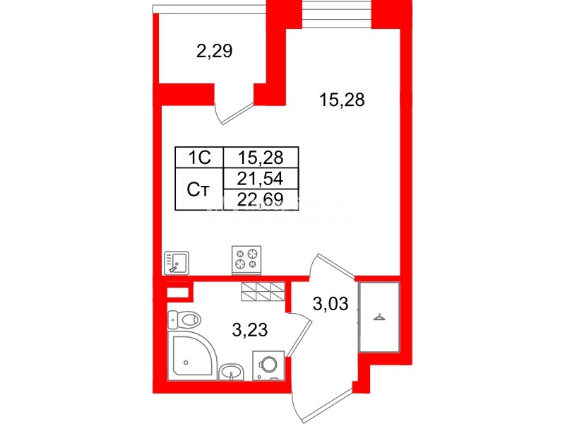 Квартира в ЖК «Парадный ансамбль», студия, 21.54 м², 5 этаж
