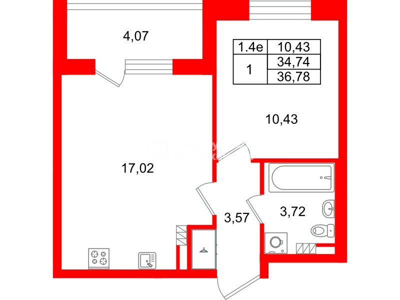 Квартира в ЖК «Парадный ансамбль», 1 комнатная, 34.74 м², 5 этаж