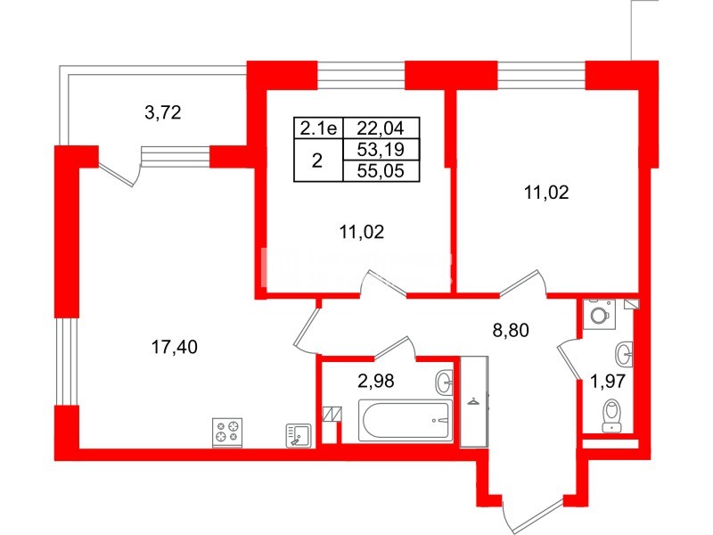 Квартира в ЖК «Парадный ансамбль», 2 комнатная, 53.19 м², 2 этаж