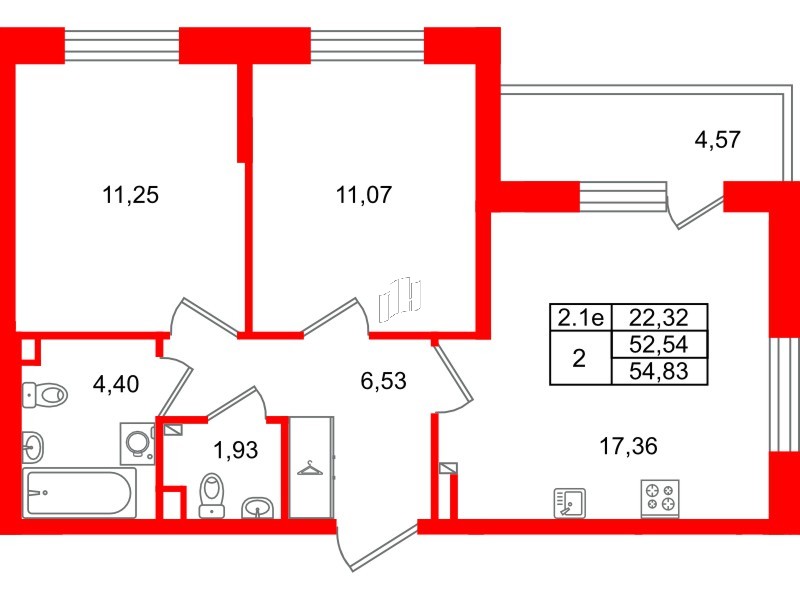 Квартира в ЖК «Парадный ансамбль», 2 комнатная, 52.54 м², 2 этаж