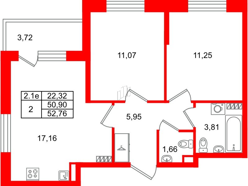 Квартира в ЖК «Парадный ансамбль», 2 комнатная, 50.9 м², 5 этаж