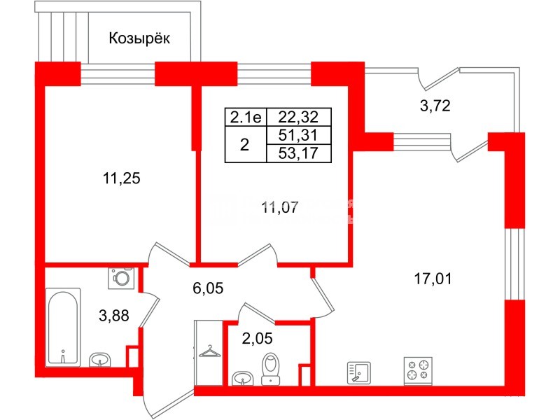 Квартира в ЖК «Парадный ансамбль», 2 комнатная, 51.31 м², 1 этаж