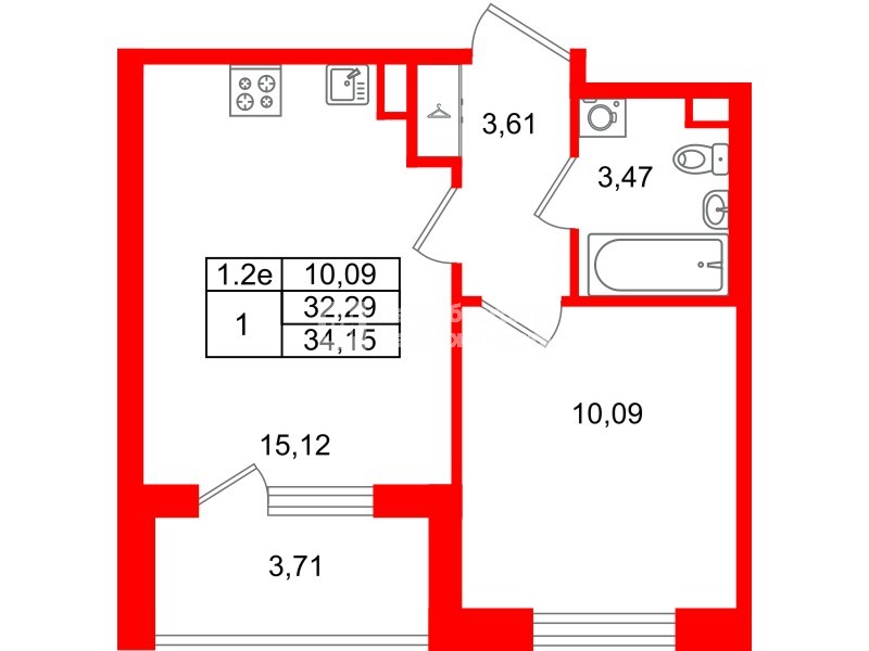 Квартира в ЖК «Парадный ансамбль», 1 комнатная, 32.29 м², 2 этаж