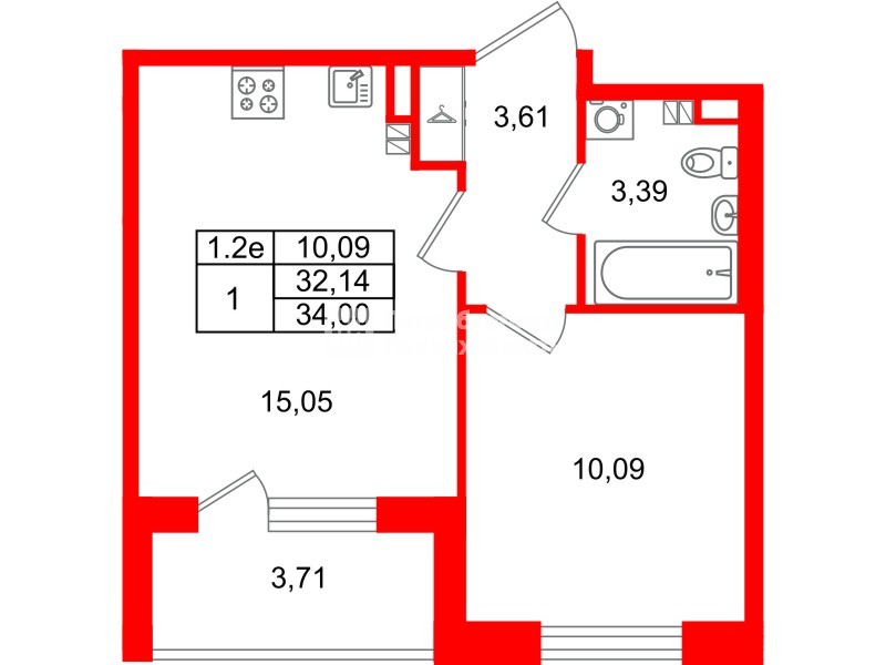 Квартира в ЖК «Парадный ансамбль», 1 комнатная, 32.14 м², 4 этаж