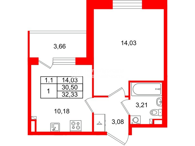 Квартира в ЖК «Парадный ансамбль», 1 комнатная, 30.5 м², 3 этаж