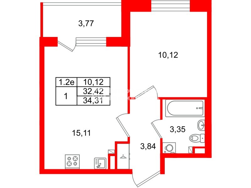 Квартира в ЖК «Парадный ансамбль», 1 комнатная, 32.42 м², 3 этаж