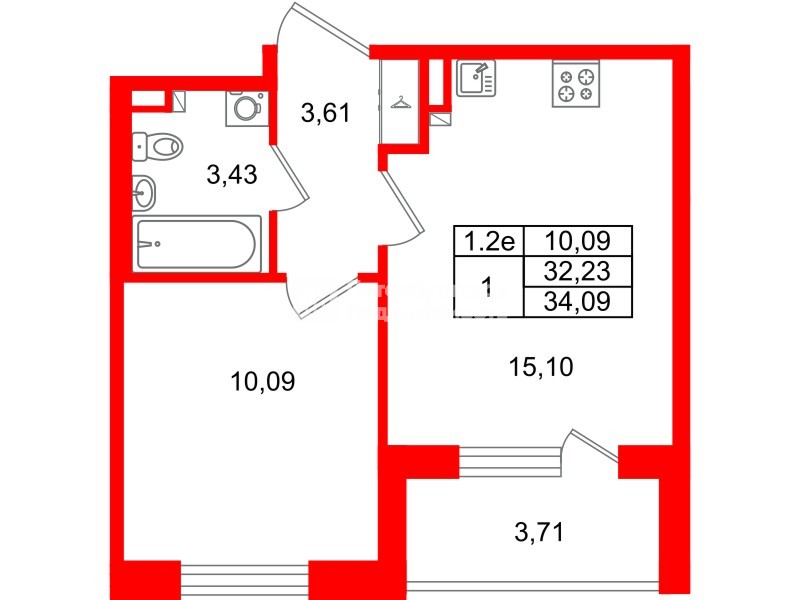 Квартира в ЖК «Парадный ансамбль», 1 комнатная, 32.23 м², 3 этаж