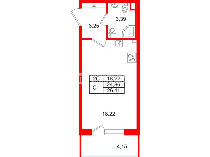 Квартира в ЖК «Парадный ансамбль», студия, 24.86 м², 2 этаж