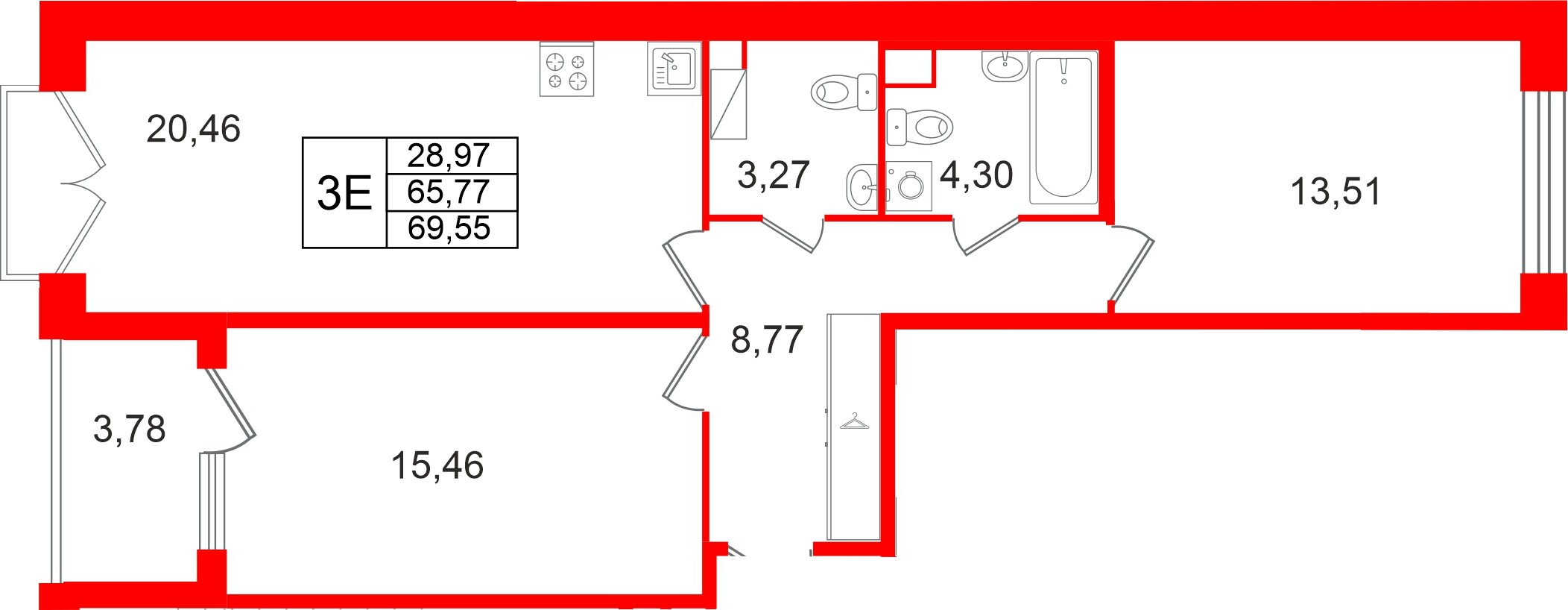 Квартира в ЖК Дом на Курской, 2 комнатная, 65.77 м², 10 этаж