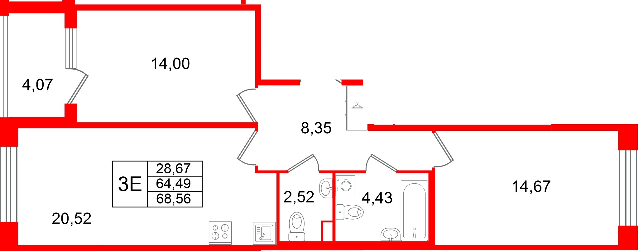 Квартира в ЖК Дом на Курской, 2 комнатная, 64.49 м², 2 этаж