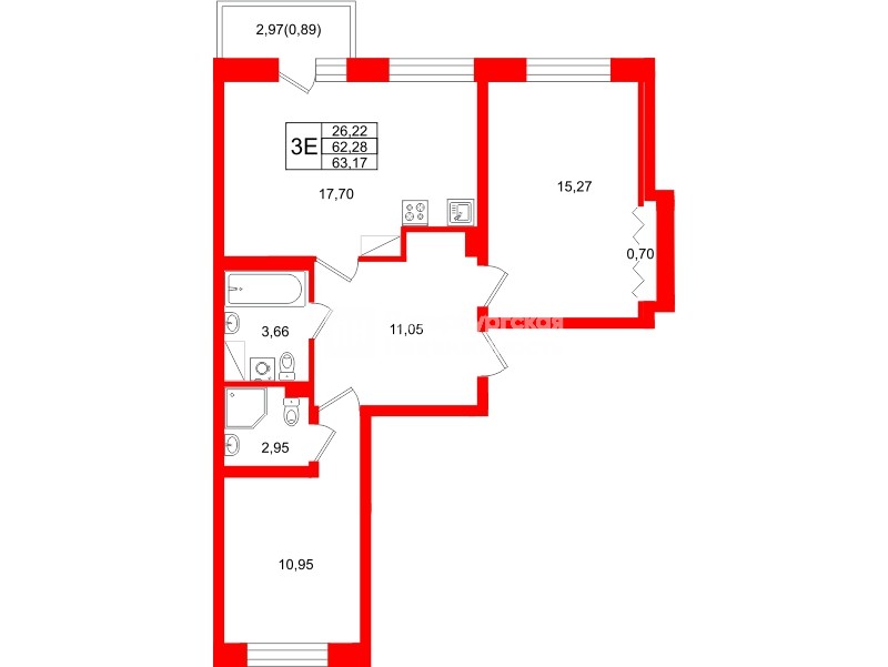 Квартира в ЖК «Город спутник Южный», 2 комнатная, 63.17 м², 5 этаж